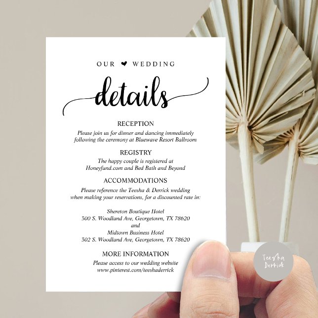 Cartão De Informações Detalhes do Nosso Casamento, Rustic Black Script (Our Wedding Details, Rustic Script Invitation Enclosure Card, in Black and White)