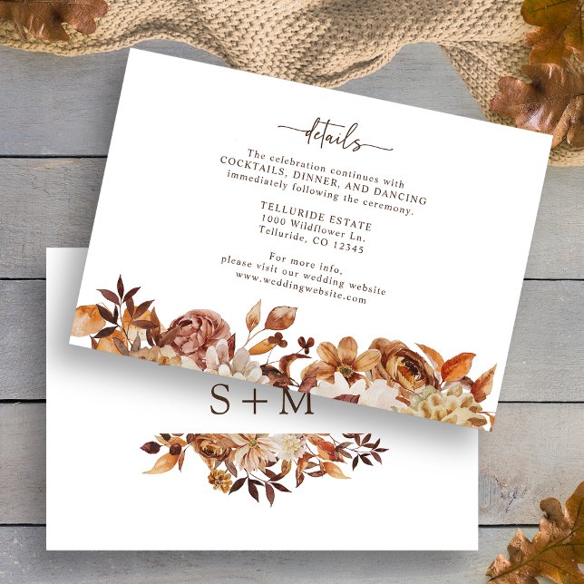 Cartão De Informações Detalhes do outono Elegante Russo (Rustic Elegant Autumn Floral Details Enclosure Card back Monogram by Painted Paperie
)