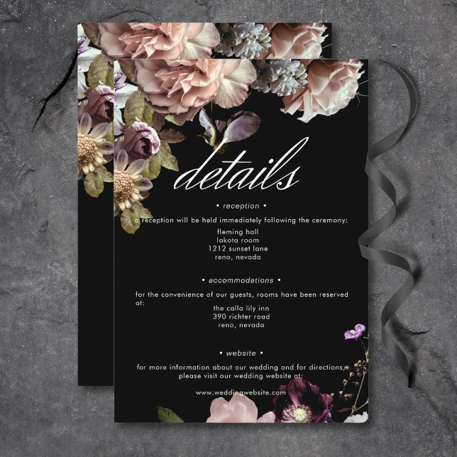 Cartão De Informações Detalhes do Preto Floral Orgulhoso Opulente de Pas (Dark Moody Pastel Opulent Floral Black Details Enclosure Card)