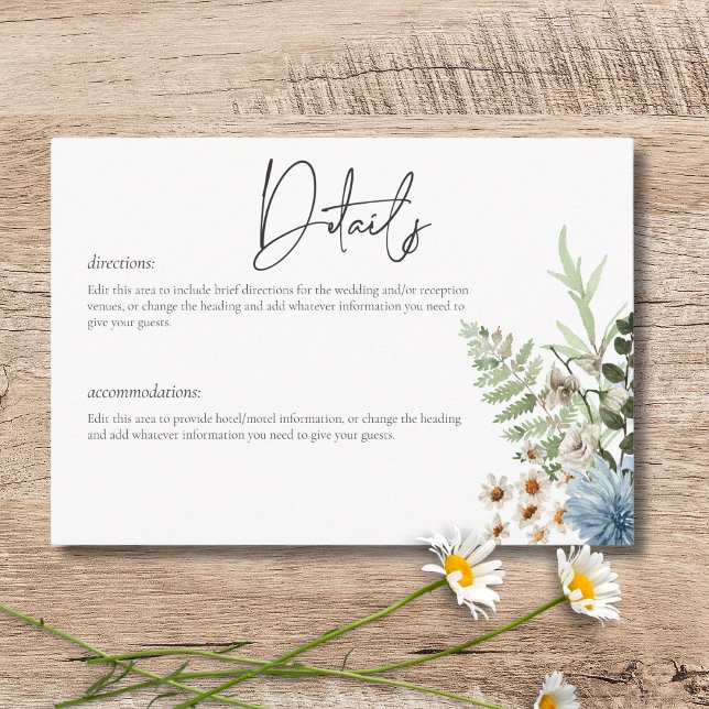 Cartão De Informações Detalhes do Rustic Dusty Blue Selvagens & Daisiers (Rustic Dusty Blue Wildflowers & Daisies Details Enclosure Card)
