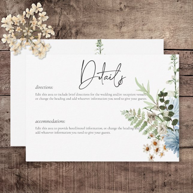 Cartão De Informações Detalhes do Rustic Dusty Blue Selvagens & Daisiers (Rustic Dusty Blue Wildflowers & Daisies Wedding Details Card)