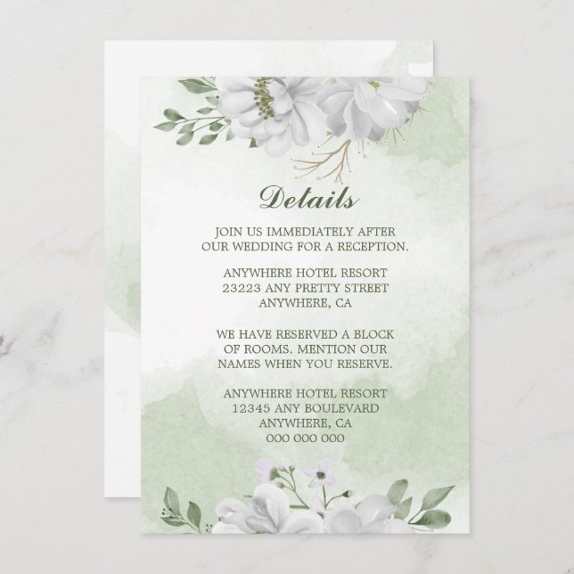 Cartão De Informações detalhes do verde-flores brancas (Frente/Verso)