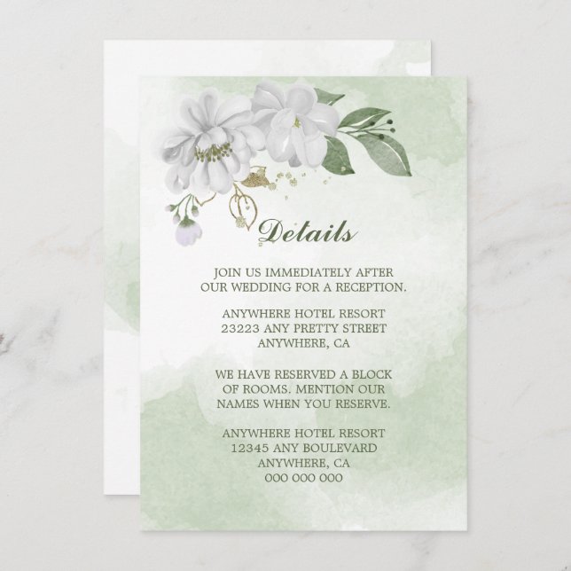 Cartão De Informações detalhes do verde-flores brancas (Frente/Verso)