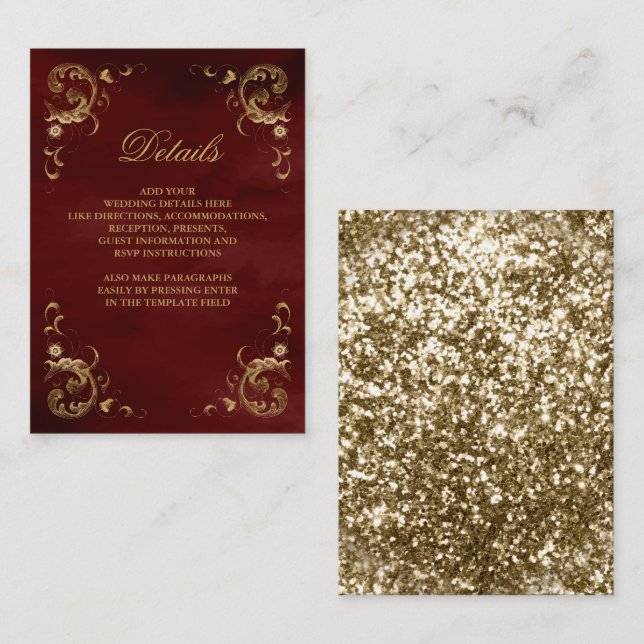 Cartão De Informações Detalhes Dourados Antigos do Vermelho Borgonha da  (Frente/Verso)