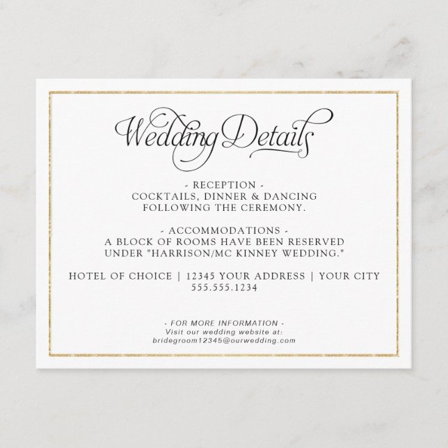 Cartão De Informações Detalhes Dourados do Casamento do Script Monograma (Frente)