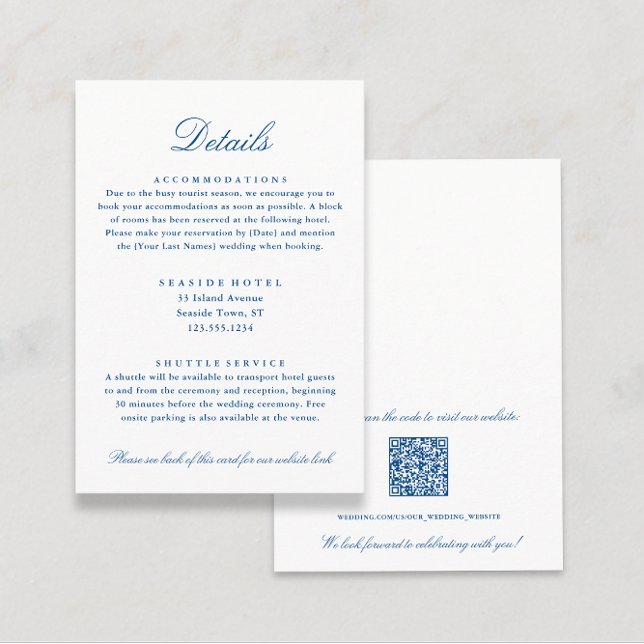 Cartão De Informações Detalhes Elegantes do Casamento Informações do Hot (Elegant Navy Blue Wedding Details Hotel Info QR code Enclosure Card from Coastal Map Designs)