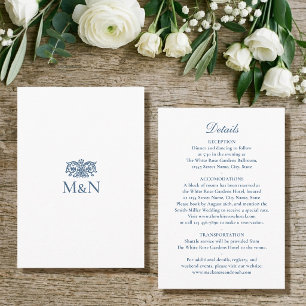 Cartão De Informações Detalhes Elegantes Monograma de Casamento Azul Vin