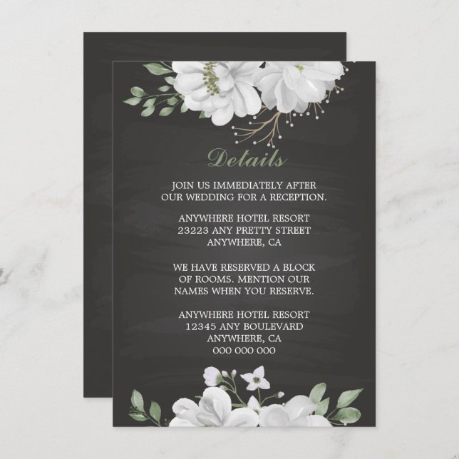 Cartão De Informações detalhes em preto verde de flores brancas (Frente/Verso)