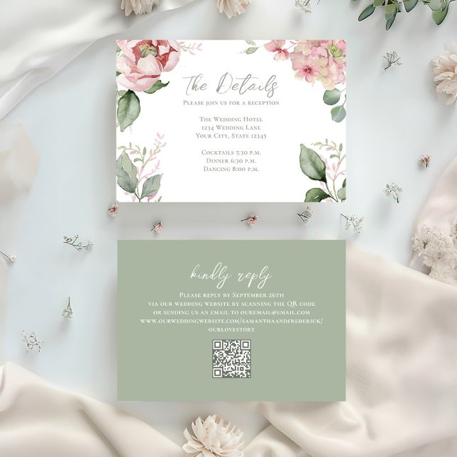 Cartão De Informações Detalhes Florais de Casamento Rosa Bege (Elegant blush pink floral details card with scannable QR code. )