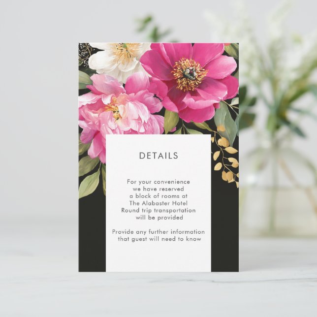 Cartão De Informações Detalhes Florais de Peônia em Aquarela Rosa e Bran (Em pé/Frente)
