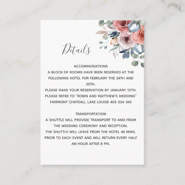 Cartão De Informações Detalhes Florais Felizes, Azul Dusty Floral (Frente)