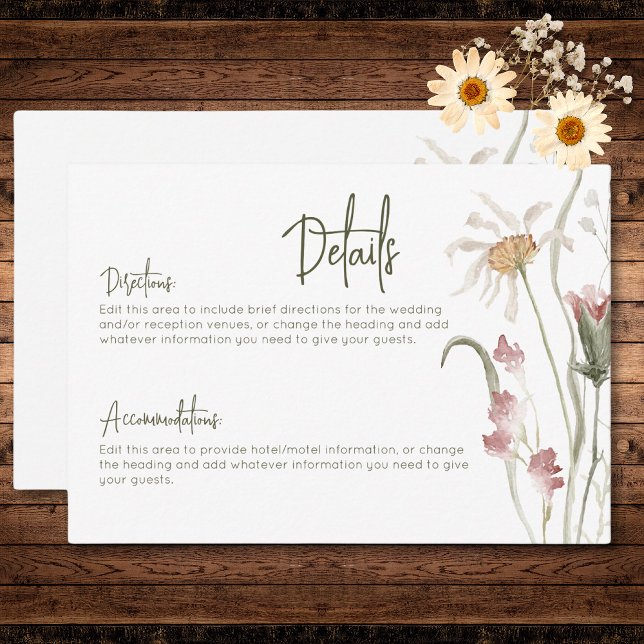 Cartão De Informações Detalhes Florais Modernos do Boho Pastel Wildflowe (Boho Pastel Wildflowers Modern Floral Details Enclosure Card)