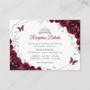 Cartão De Informações Detalhes Florais Prata e Borgonha para Quinceanera