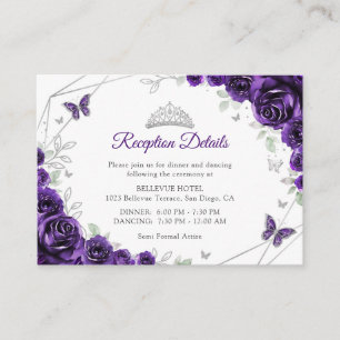 Cartão De Informações Detalhes Florais Roxos Prateados de Quinceanera