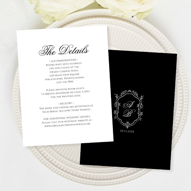 Cartão De Informações Detalhes Formais do Casamento do Monograma Branco  (Criador carregado)