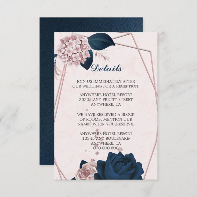 Cartão De Informações Detalhes geométricos do marinho elegante e flores  (Frente/Verso)