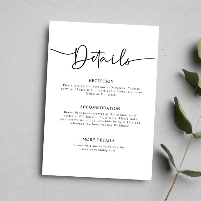 Cartão De Informações Detalhes mínimos de caligrafia de casamento (Minimal Calligraphy Wedding Details Enclosure Card)