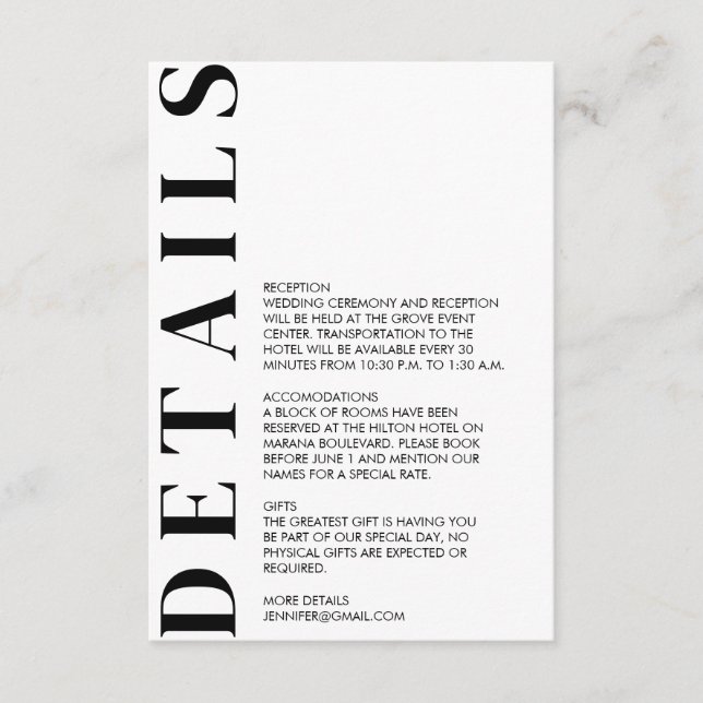 Cartão De Informações Detalhes mínimos de casamento (Frente)