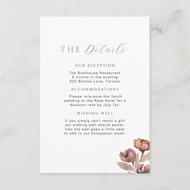 Cartão De Informações Detalhes mínimos do casamento de Mauve Dusty Rosa  (Frente)