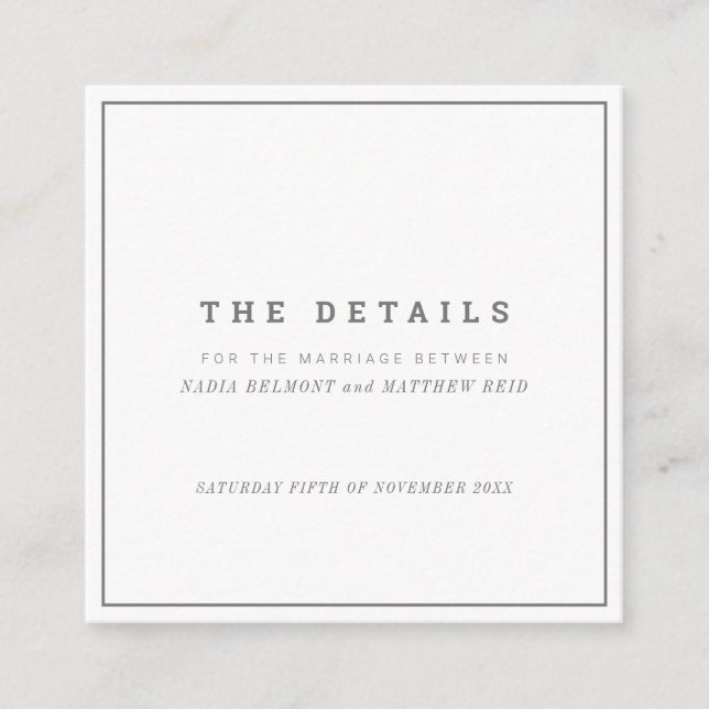 Cartão De Informações Detalhes mínimos do casamento quadrado de cinza br (Frente)