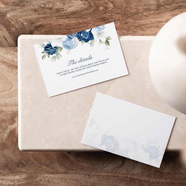 Cartão De Informações Detalhes Online sobre Casamento Floral Azul Elegan (Dusty Blue Floral Script Wedding Details Mini Card)