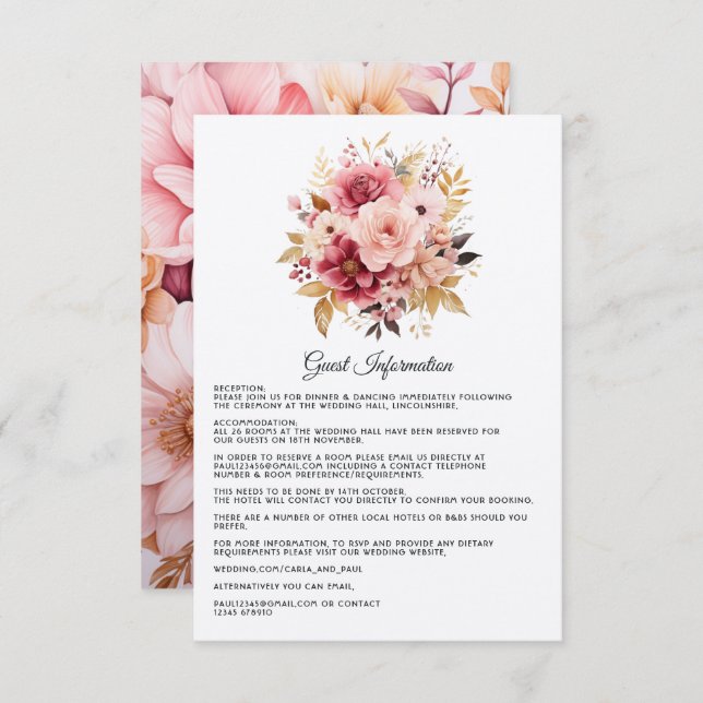 Cartão De Informações Detalhes para Convidados de Casamento Floral Rosa  (Frente/Verso)