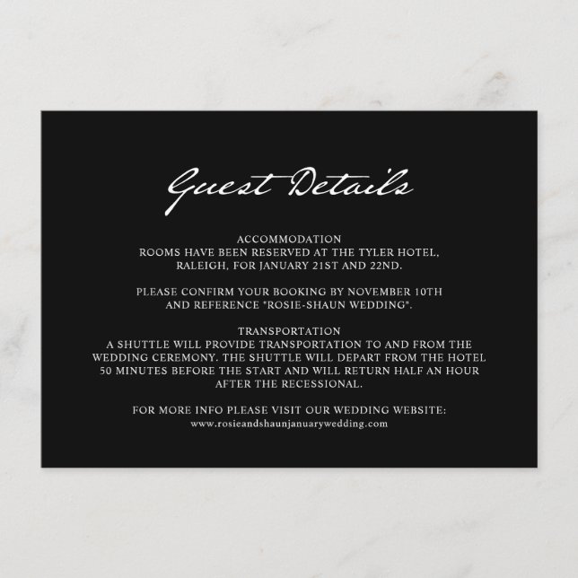 Cartão De Informações Detalhes para Convidados de Casamento Preto Minima (Frente)