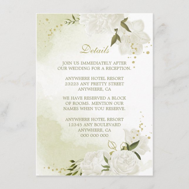 Cartão De Informações detalhes românticos das flores brancas verdes (Frente)