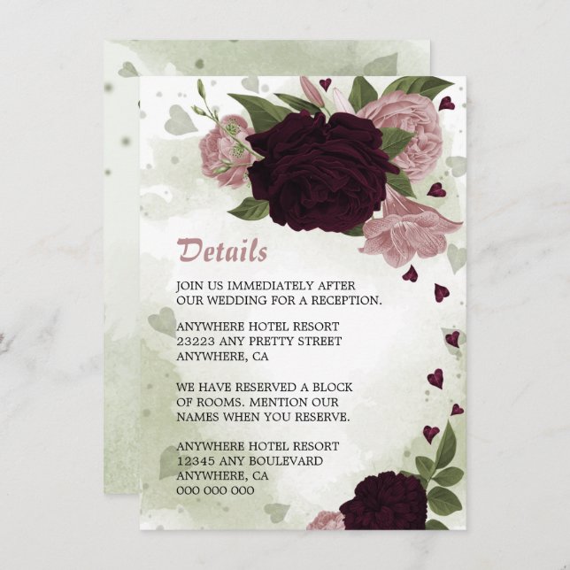 Cartão De Informações detalhes românticos das flores rosa e ameixa (Frente/Verso)