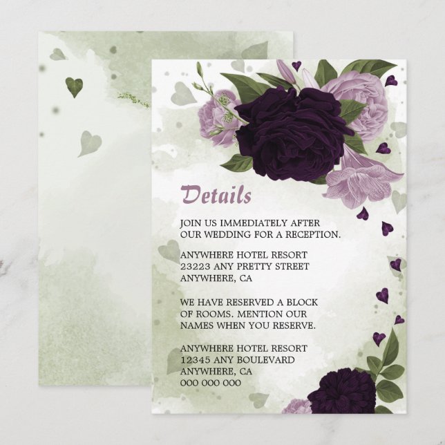 Cartão De Informações detalhes românticos das flores roxas verdes (Frente/Verso)
