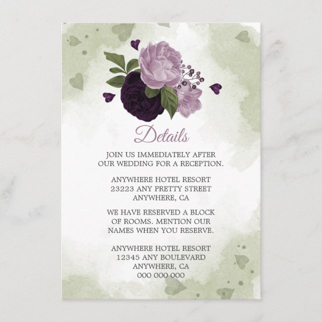 Cartão De Informações detalhes românticos das flores roxas verdes (Frente)