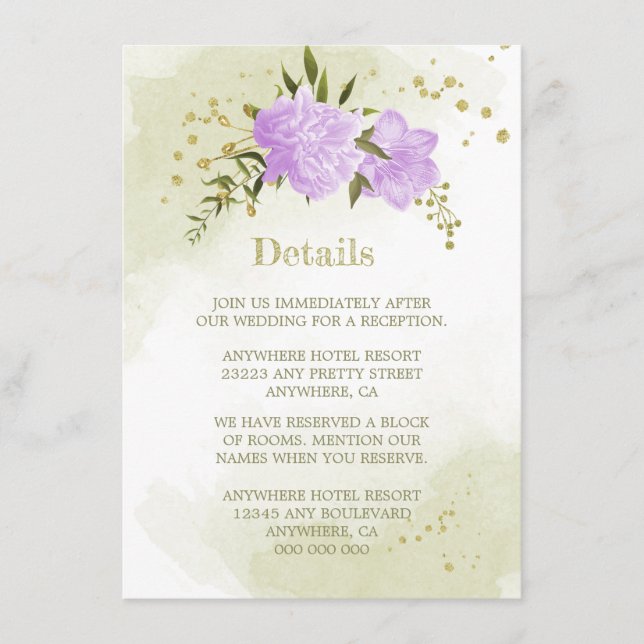 Cartão De Informações detalhes românticos das flores roxas verdes (Frente)