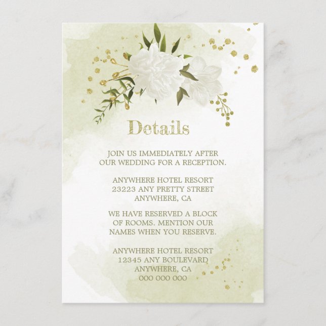Cartão De Informações detalhes românticos de flores brancas e folhagens (Frente)