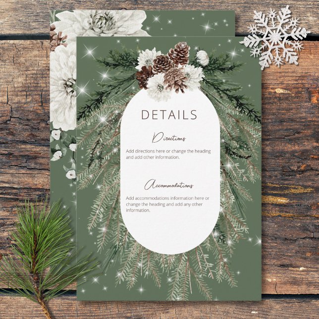 Cartão De Informações Detalhes Rústicos de Pinheiro Verde no Inverno com (Rustic Green Pine Winter Sparkle Details Enclosure Card)