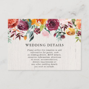 Cartão De Informações Detalhes rústicos do casamento da aguarela floral