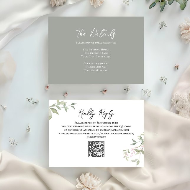 Cartão De Informações Detalhes Simples Cinza De Casamento Floral (Grey greenery wedding details cards. )