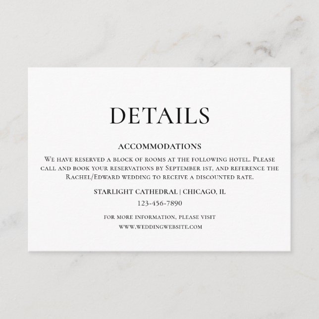 Cartão De Informações Detalhes Simples de Casamento Preto e Branco (Frente)