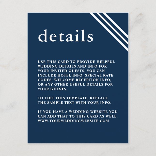 Cartão De Informações Detalhes Simples do Casamento Azul do Marinho Eleg (Frente)