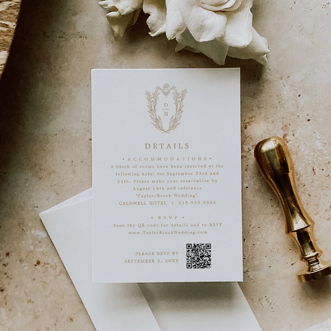 Cartão De Informações Detalhes Simples do Casamento Botânico Branco Dour (DAPHNE Simple Gold White Botanical Wedding Details Enclosure Card)