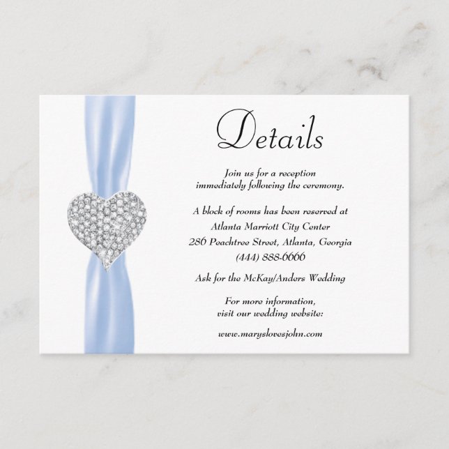 Cartão De Informações Diamond Heart Blue Ribbon Detalhes do Casamento (Frente)