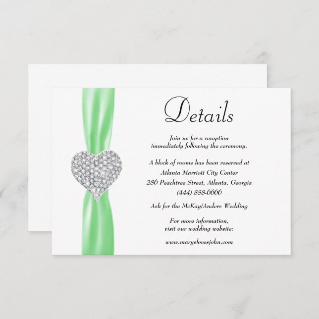 Cartão De Informações Diamond Heart Green Ribbon Detalhes do Casamento (Frente/Verso)