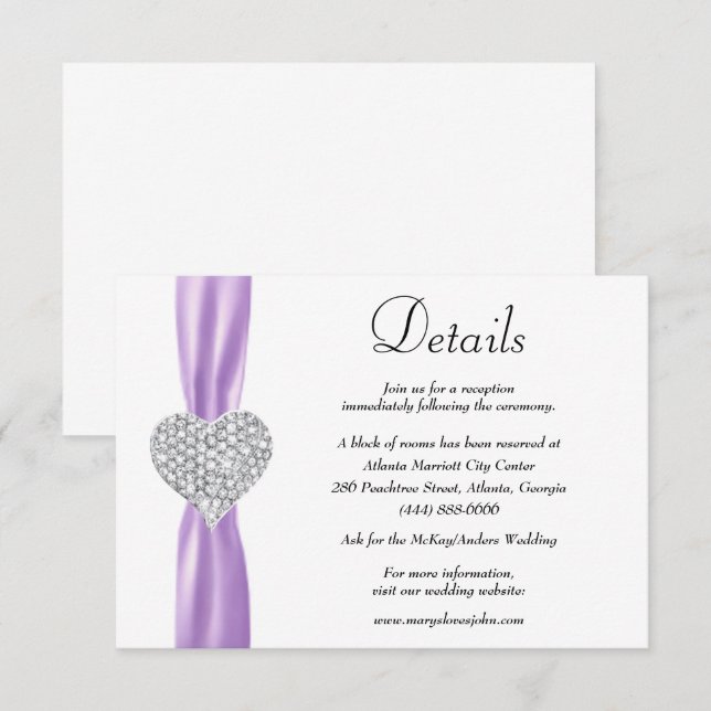 Cartão De Informações Diamond Heart Roxo Ribbon Detalhes do Casamento (Frente/Verso)