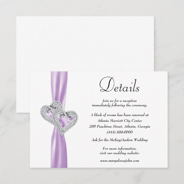 Cartão De Informações Diamond Hearts Purple Ribbon Detalhes do Casamento (Frente/Verso)