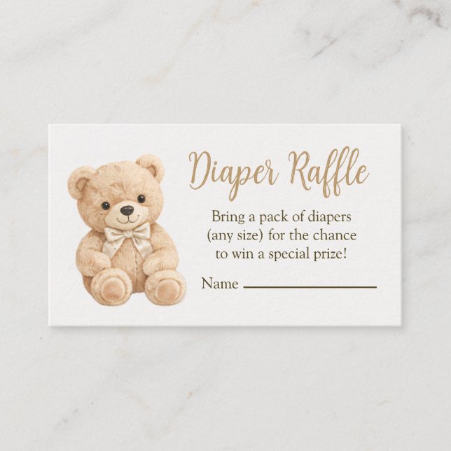 Cartão De Informações Diaper Raffle Neutral Teddy Bear Baby Shower Boho (Frente)