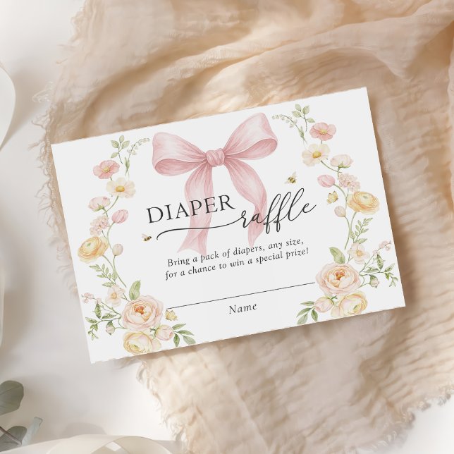Cartão De Informações Diaper Raffle Pink Bow Baby Shower Enclosure Card  (Criador carregado)