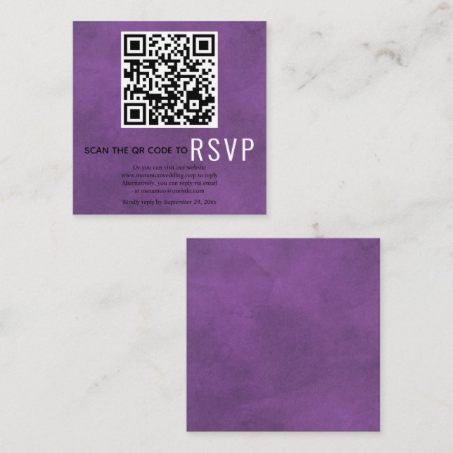 Cartão De Informações Digitalizar código QR online RSVP casamento roxo m (Frente/Verso)
