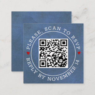 Cartão De Informações Digitalizar código QR RSVP manchado azul e casamen