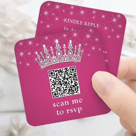 Cartão De Informações Digitalize-me QR RSVP Quinze Anos Coroa Rosa Fúcsi