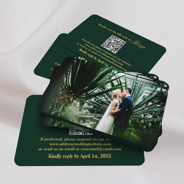 Cartão De Informações Digitalize-me RSVP QR Code Emerald Green Casamento (Scan Me RSVP QR Code Emerald Green Gold Wedding Enclosure Card
)