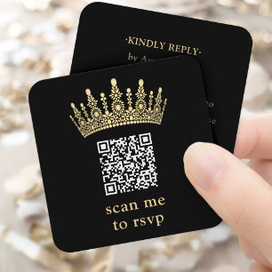 Cartão De Informações Digitalize o RSVP com QR Quinceañera Coroa Preta e